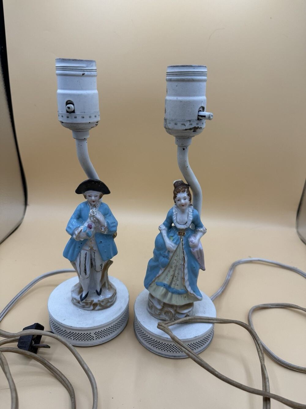 Vintage Porcelain Figurine Boudoir Lamps Pair Colonial Man Woman Works